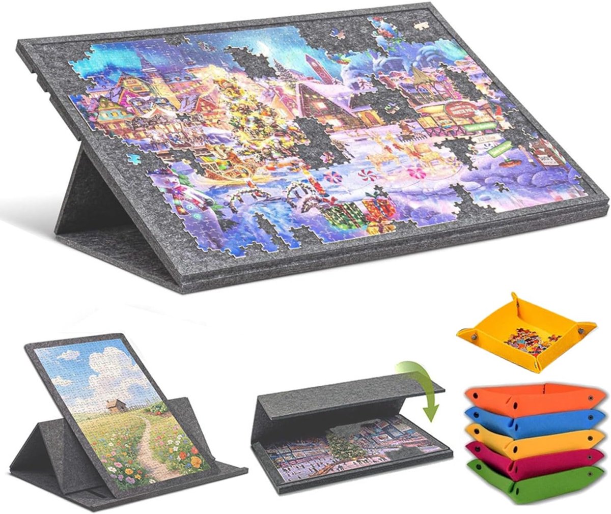 Puzzel 1000 stukjes, puzzeltafel, draagbare puzzelmat met 6 op kleur gesorteerde trays met 2-in-1 houder en afdekking, voor kinderen en volwassenen, verstelbare hoek, 78 x 56 cm, grijs