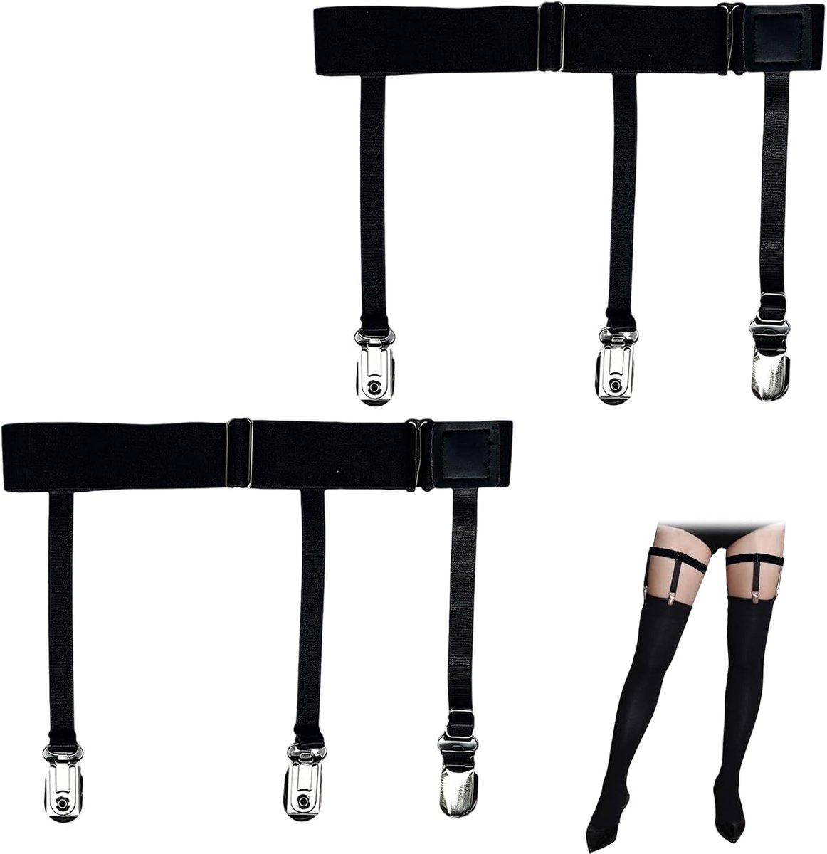 Jarretelgordel 1 Paar, Verstelbare Jarretelhouder met 3 Bandjes per Stuk en Metalen Clips, Kousenriem voor Hoge Kousen, Taille 46-75 cm, Zwart voor Feest en Dagelijks Dragen