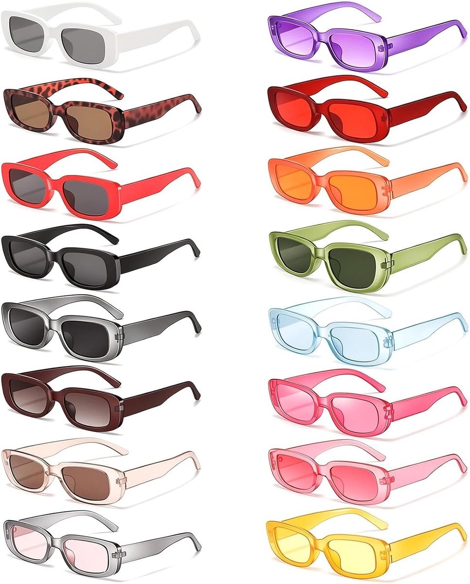 16 stuks Partybrillen Set - Rechthoekige Kleurrijke Zonnebrillen voor Dames en Heren, Perfect voor Vakantie, Bruiloft en Fotoshoot