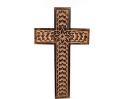 Mangohouten muur kruis, Jezus Christus bloemensnijwerk familie kruis decor, woondecoratie (25,4 cm x 15,24 cm x 1,27 cm)