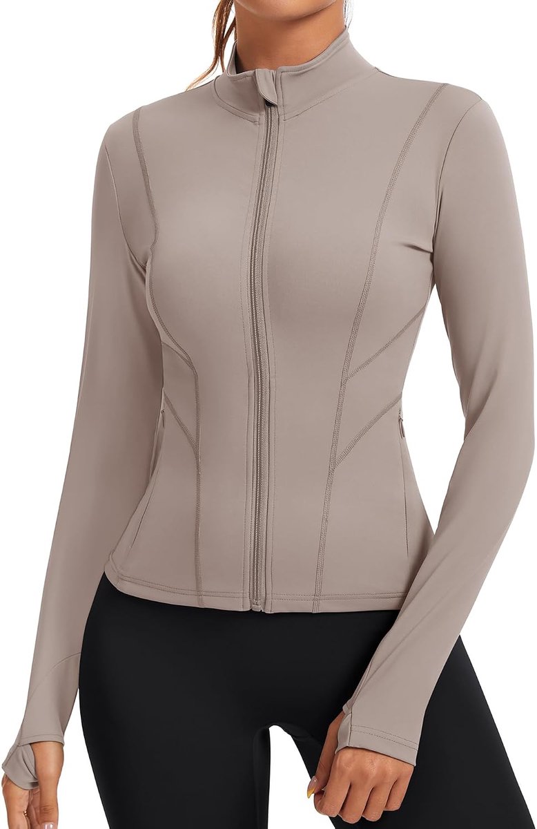 Sportshirt voor dames, lange mouwen, trainingsshirt, ademend hardloopjack met ritssluiting, zijzakken en duimgaten