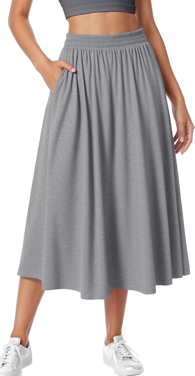 Damesrok, hoge taille, midi-rok, effen, vrijetijdsrok met zakken, losse A-lijn, lange elastische taille, plisseerrok