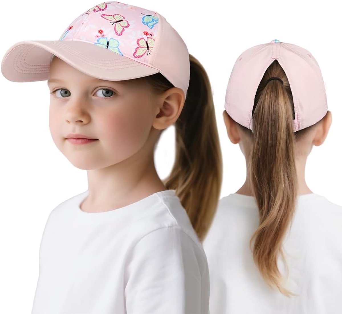 Honkbalpet voor meisjes, zomerzonnehoed, verstelbare uv-bescherming, roze stijl, honkbalpet, ademend en zweetbestendig, geschikt voor hoge paardenstaart