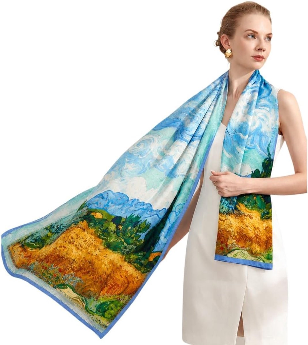 Zijden stola blauw XXL oversized van Gogh amandelboomtakken