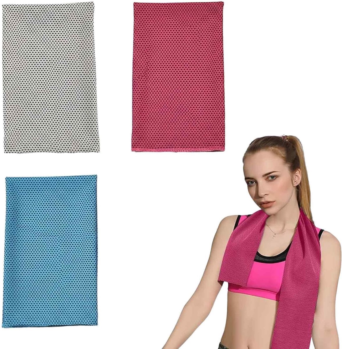 Set van 3 koeldoeken voor sport en fitness, verkoelende handdoek, koelhanddoek, ijshanddoek voor nek en lichaam, microvezel sporthanddoek voor yoga, hardlopen, wandelen (rozerood, lichtgrijs