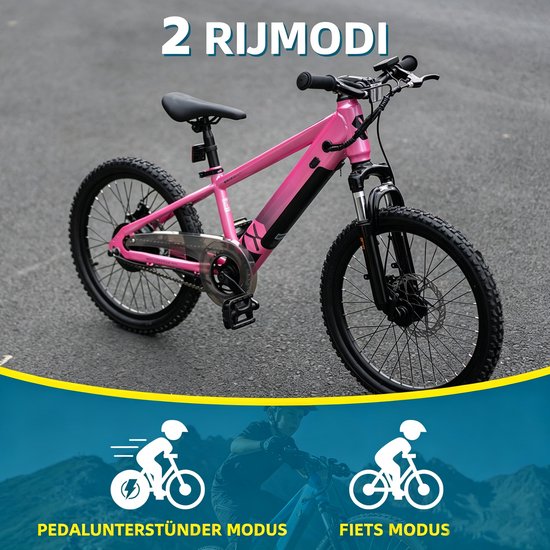 Roze kinder e-bike staand op asfalt met op de achtergrond bergen en twee rijmodi iconen.