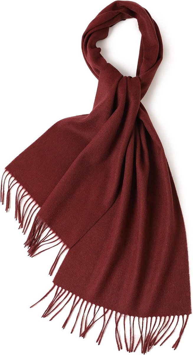 Wollen sjaal effen met franjes voor herfst winter heren en dames, donkerrood, 200cmx33cm