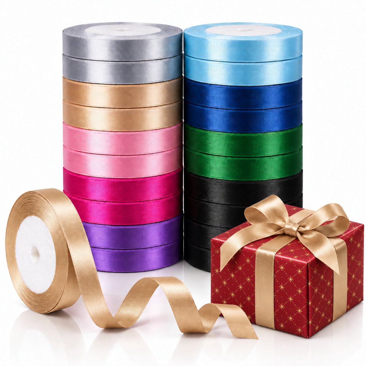 Twenty4seven® Satijn Lint - 22 Rollen & 10 Kleuren - Satijnen Cadeaulint en Inpaklint 1 cm Breed - 22 Meter per Rol - Goud, Zwart, Groen, Blauw en Roze - Voor Cadeau