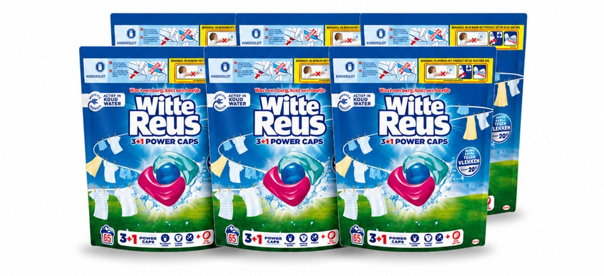 6 x Witte Reus - 3+1 Power Caps - Witte Was - 65 Wasbeurten - Voordeelverpakking - 6 stuks