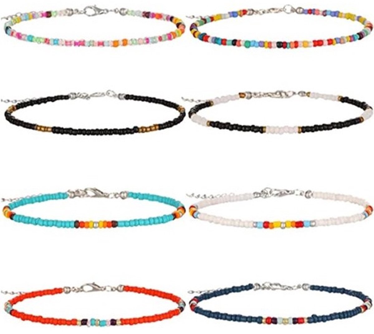 Kleurrijke Boho Enkelkettingen - 8 Stuks - Verstelbaar - 22 cm - met Parels