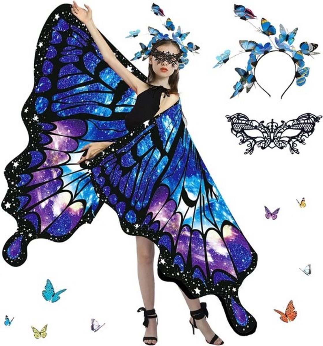 Vleermuisvleugelkostuum - Voor vrouwen - Schitterende cape en sjaal - Voor carnaval, cosplay en Halloweenfeestjes