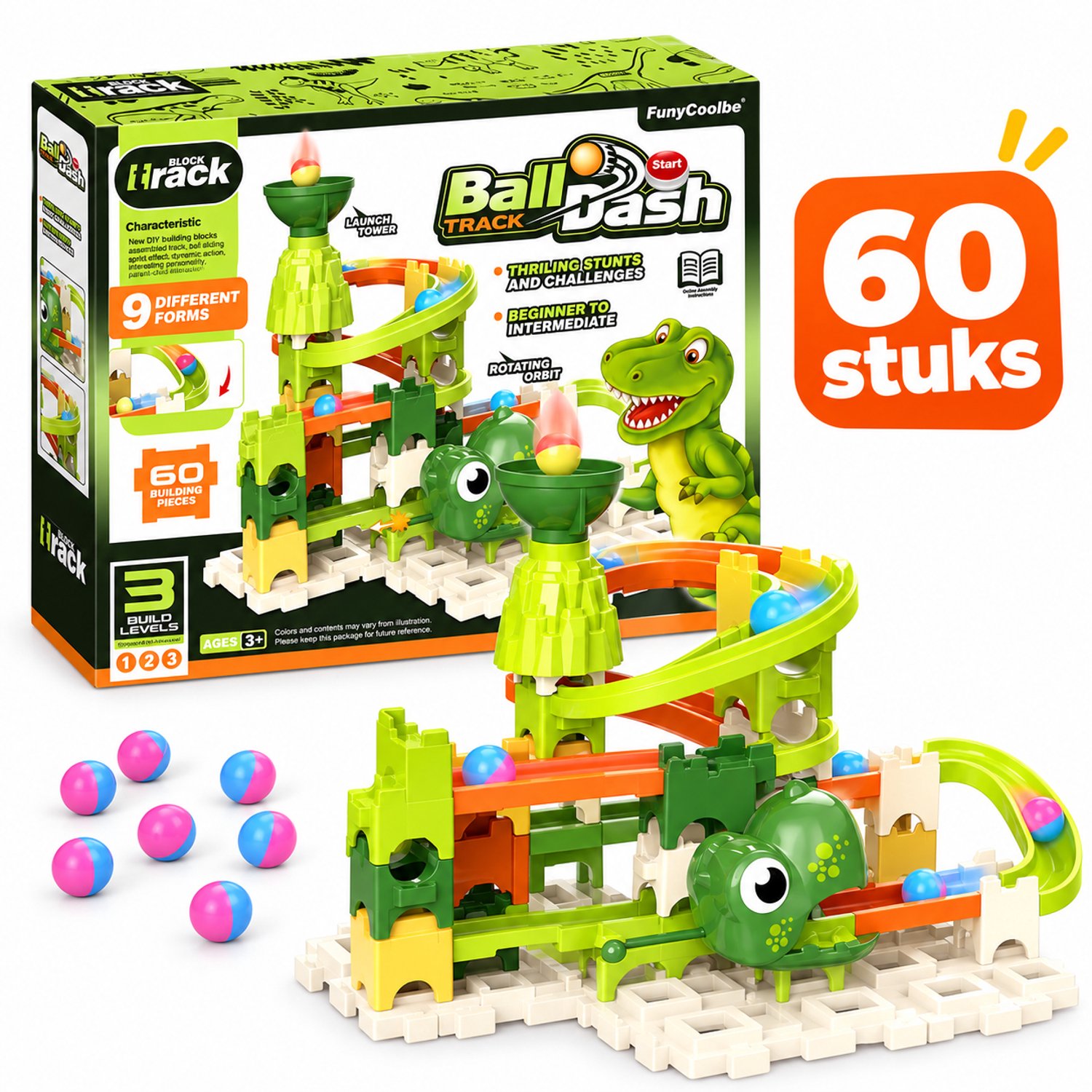 Flero Ball Dash Knikkerbaan - Constructiespeelgoed - 60 Delig - Dino Racebaan - STEM Speelgoed Vanaf 3 Jaar - Educatief Montessori Speelgoed, Speelgoed zonder Scherm, Verjaardagscadeau, Sinterklaascadeau, Kerstcadeau voor Jongens en Meisjes