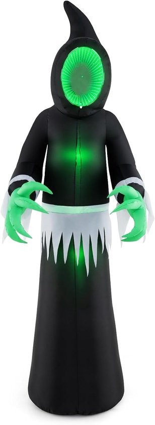 Opblaasbaar spook van 245 cm in zwart gewaad met groene klauwen en een oplichtend groen spiegelgezicht.