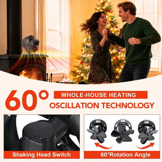 Kachelventilator met oscillatietechnologie van 60 graden en schakelaar, getoond in een feestelijke woonkamer.