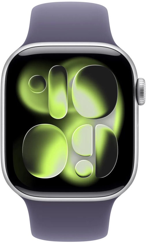Zilverkleurige Apple Watch met paarse sportband en abstract groen wijzerplaatontwerp.