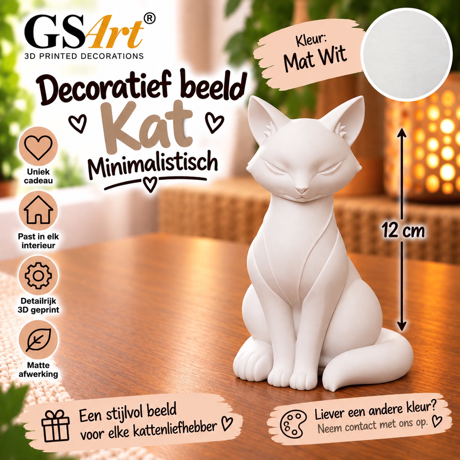 GSArt Decoratief Beeld Kat Minimalistisch 12 cm – 3D Geprint – Mat Wit
