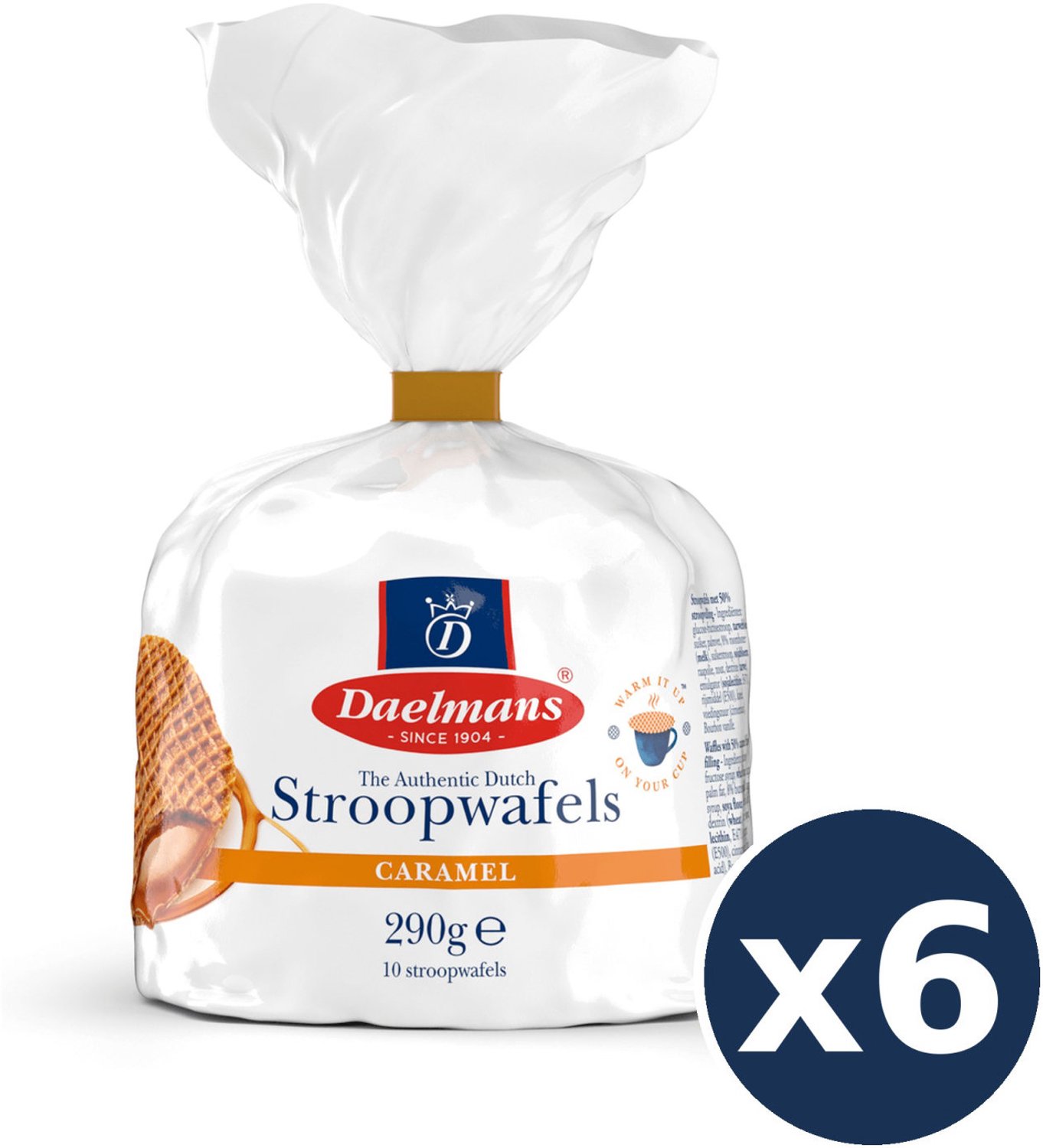 Daelmans 6-Pack Bundel Karamel Stroopwafels - 6 Clipzakken van 290g - 60 Stroopwafels Totaal - Traditioneel Hollands Recept