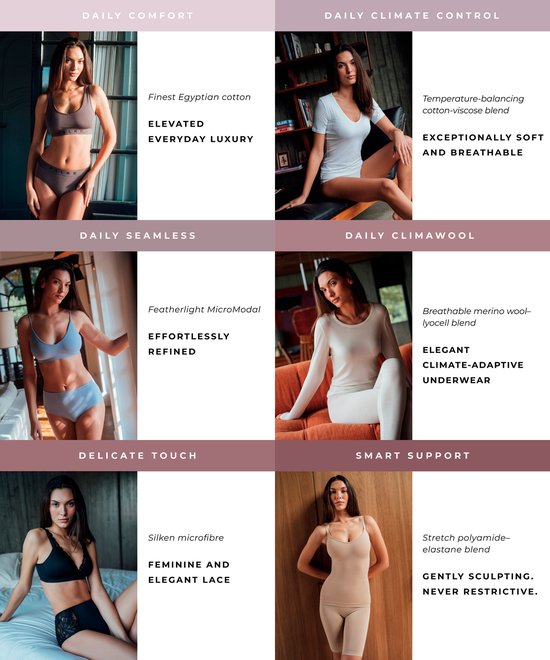 Overzicht van zes Falke-damesmodellen in verschillende stijlen en stoffen, van Egyptisch katoen tot merino-lyocell.