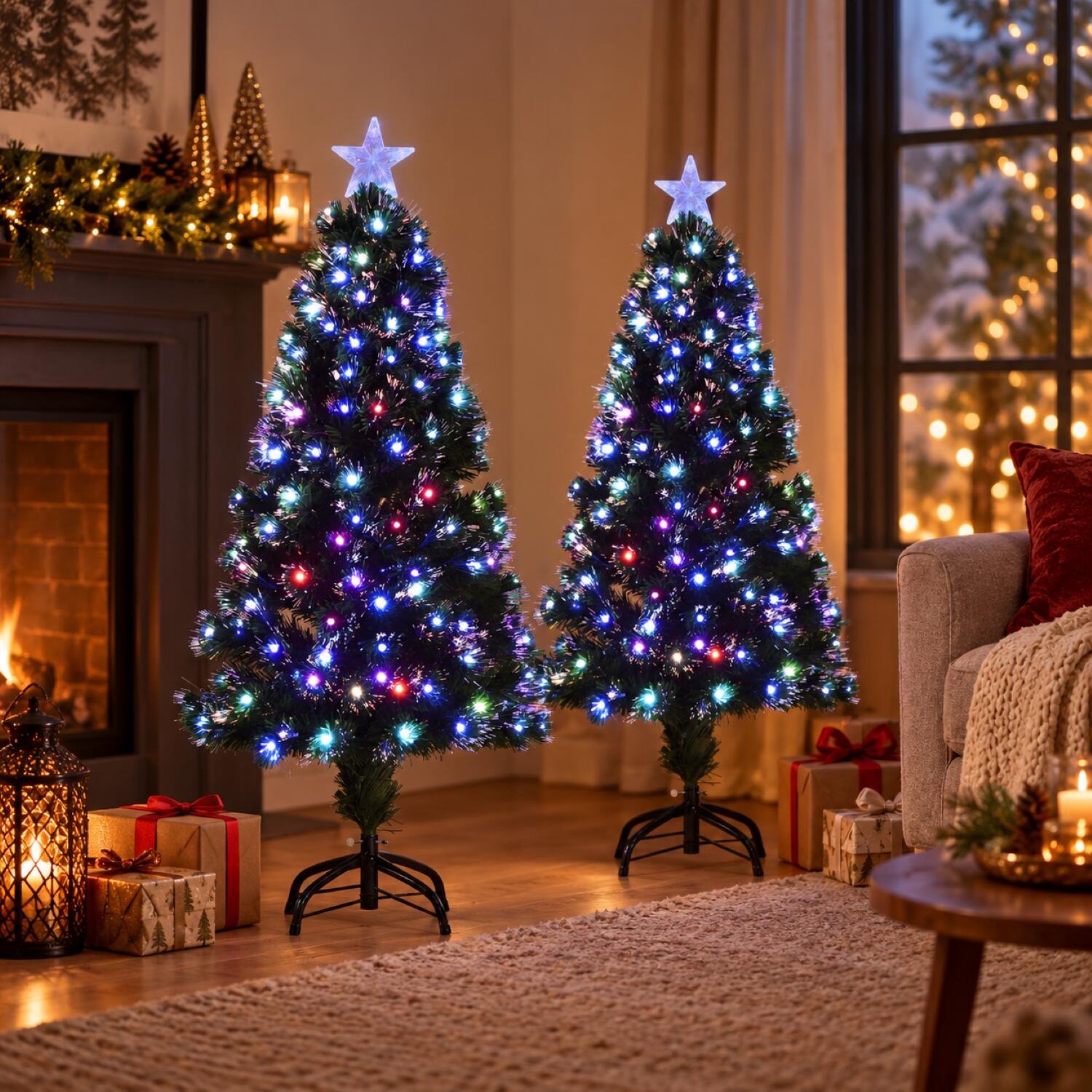 Luca Lighting Fiber Optic kunst kerstboom - 2x - H120 cm - met verlichting - 135 led - gekleurd - kunstboom - met kerstverlichting