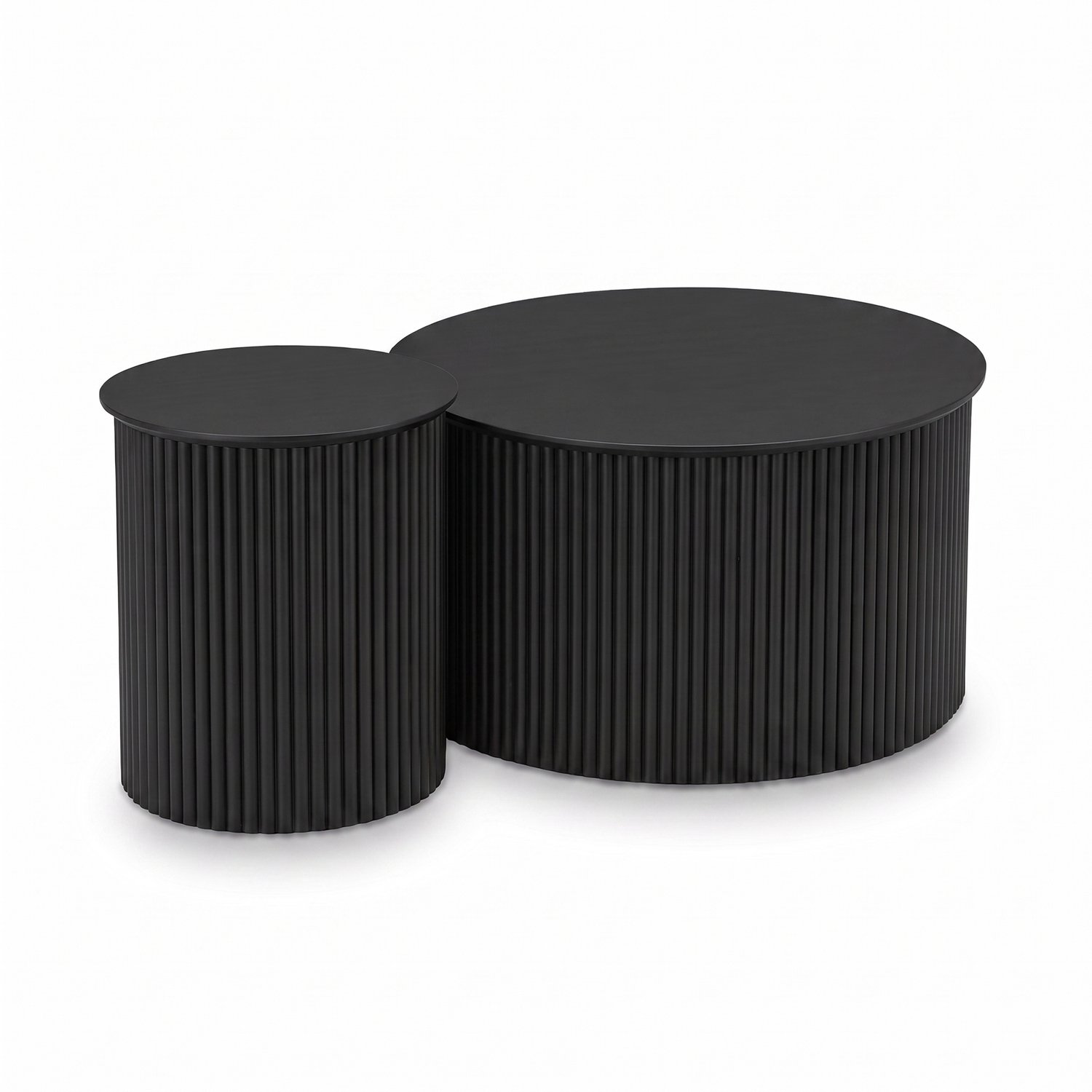 SensaHome Japandi Salontafel Set – 2 Ronde Bijzettafels met Geribbelde Voet – Ø74x41 cm en Ø40x46 cm – Zwart
