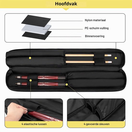 Biljartkeu Tas 2x2 Zwart Nylon - Pool Keu Draagtas - Waterbestendig Nylon - Voor Biljart En Snooker — afbeelding 2