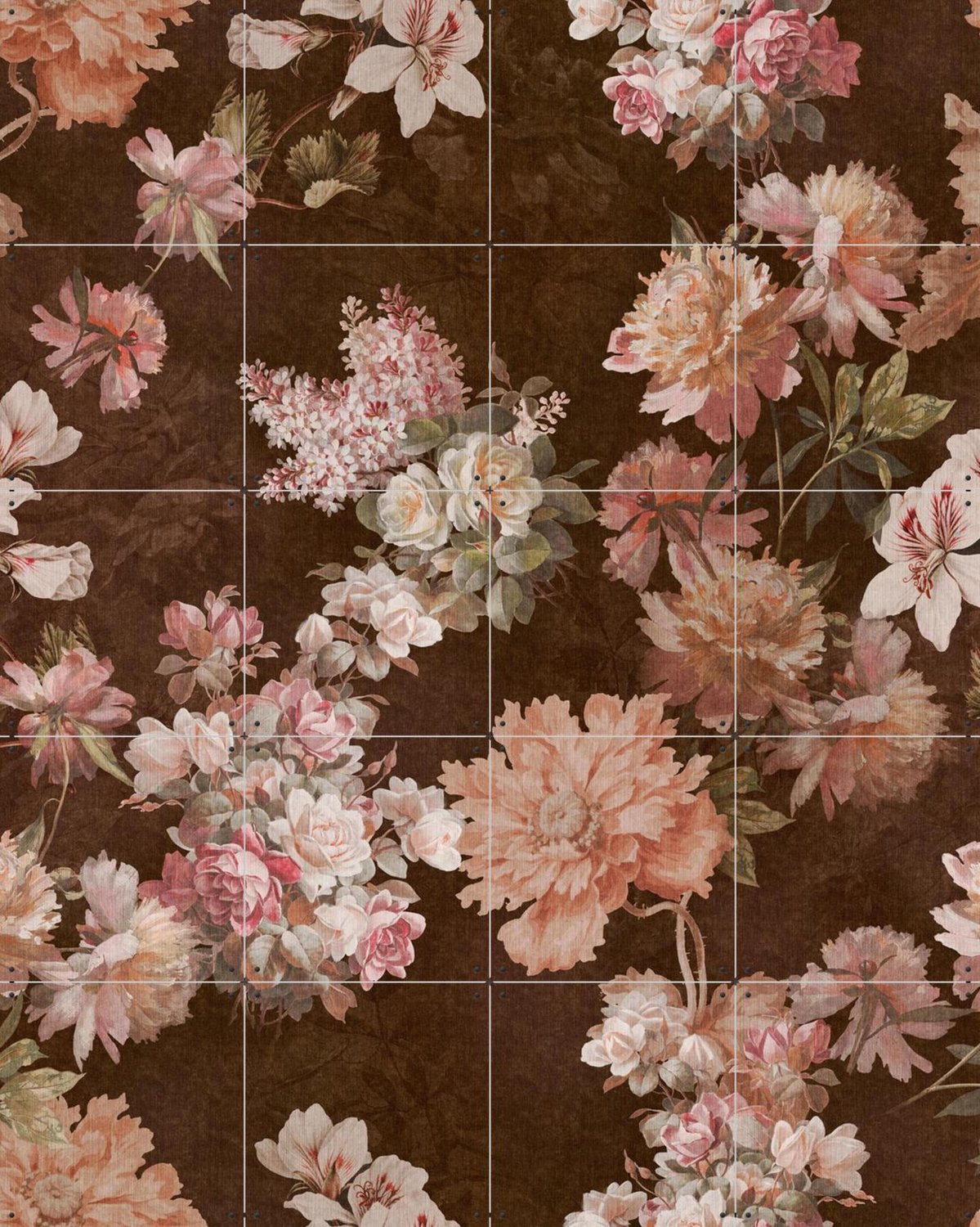 IXXI Moody Baroque Roses and Flowers, Bloomery Decor - 80 x 100 cm - Grote wanddecoratie en posters - Klassiek, Art Nouveau, Decoratieve kunsten Bruin