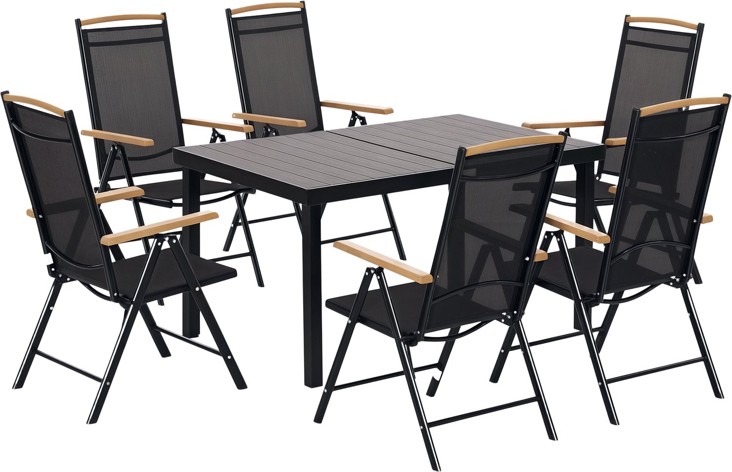Sunona Tuinset voor 6 personen - 7-voudig verstelbare klapstoelen - Aluminium frame - 140 x 90 x 74 cm - Zwart