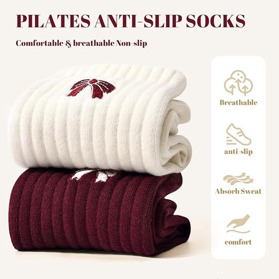 Pilates grip sokken - Yoga Sokken - voor dames - met strikjes - 2 Paar - Antislip - Zachte - Strikpatroon Sokken - voor Dans en Workouts - Wit en rood - eenheidsmaat — afbeelding 4