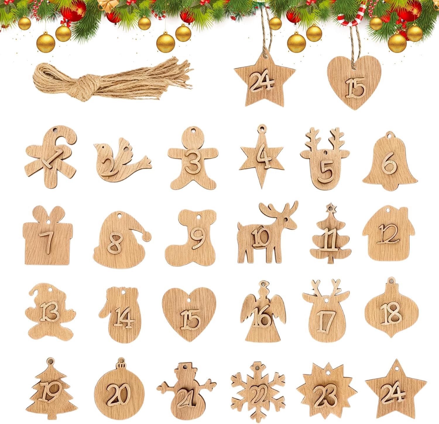 Houten adventskalender 24 stuks - cijferhangers - duurzame decoratie - uniek aftellen tot Kerst - ServiceTopper