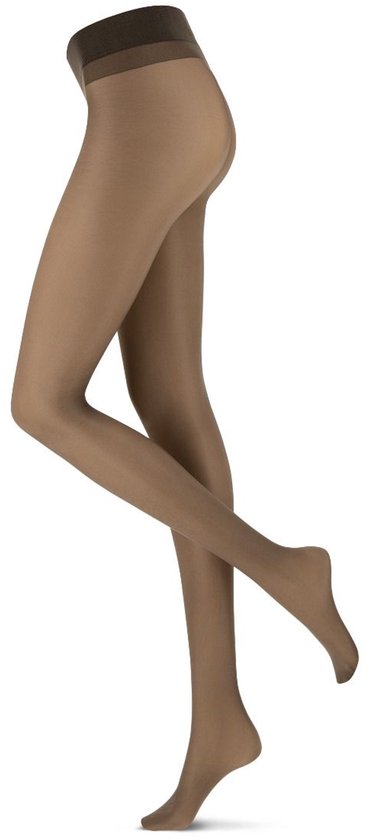 Transparante panty in bruintint met een donkerbruine tailleband, getoond op een beenmodel.