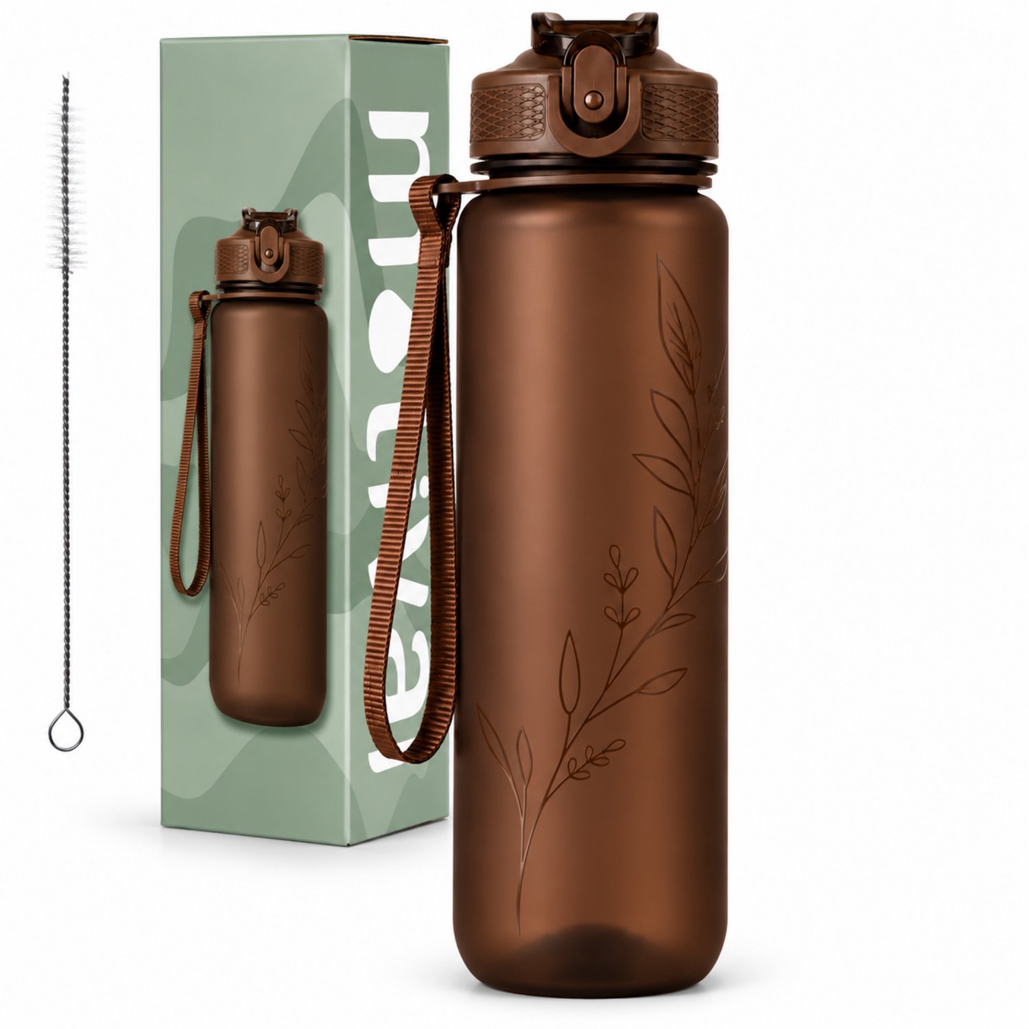 Motivai Deluxe Motivatie Waterfles 1 Liter – Waterfles met Rietje – Inclusief Extra Afsluitklepje & Riet Borstel – BPA-vrij – Chocolade Bruin – Voor Volwassenen & Kinderen