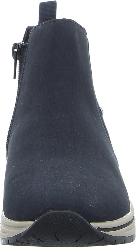 Vooraanzicht van een donkerblauwe Rieker enkelboot met rits en beige zool.
