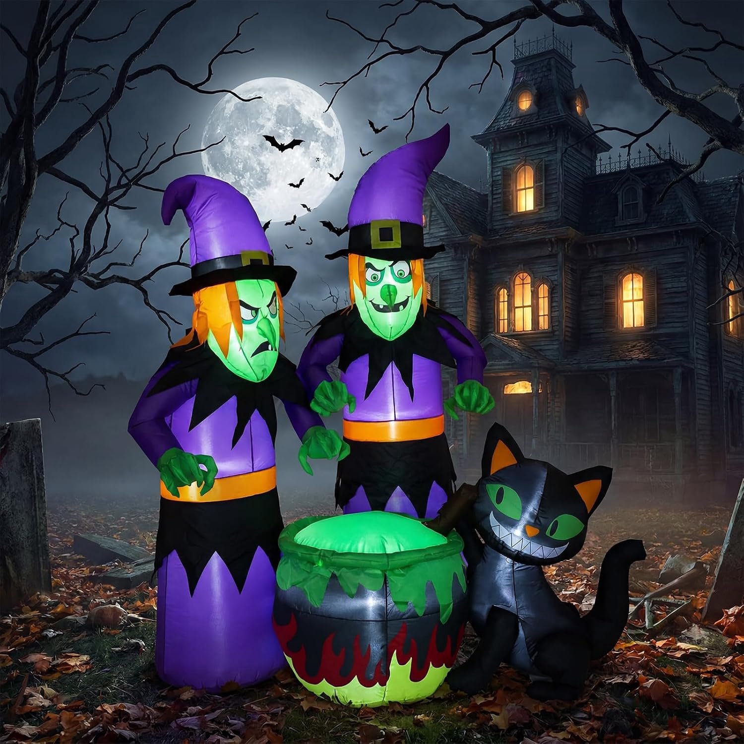 Zelfopblazende Halloween decoratie 180cm, 2 heksen met kat en ketel, LED verlichting, waterdicht voor tuin