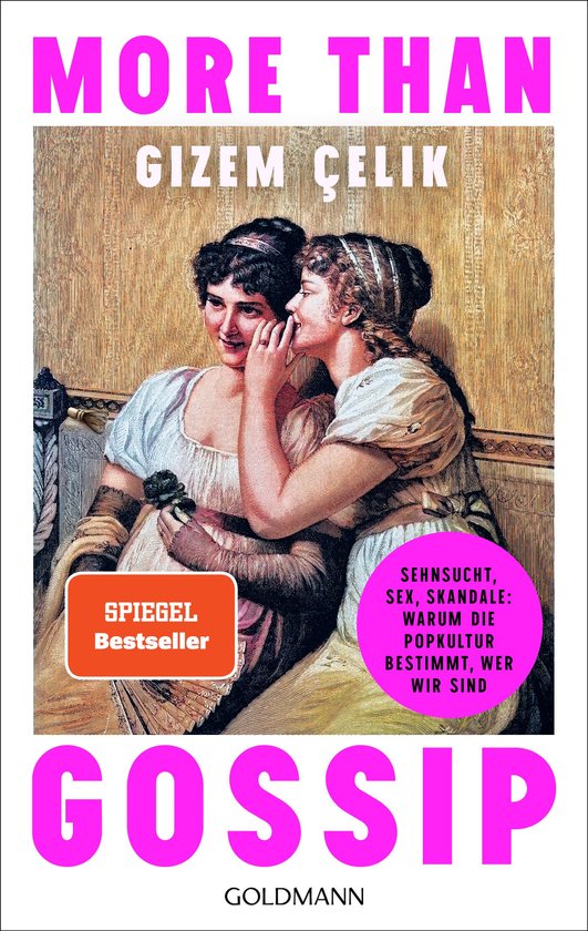Boekomslag: twee 19e-eeuwse vrouwen fluisteren in een klassieke setting. Titel: More Than Gossip door Gizem Çelik.
