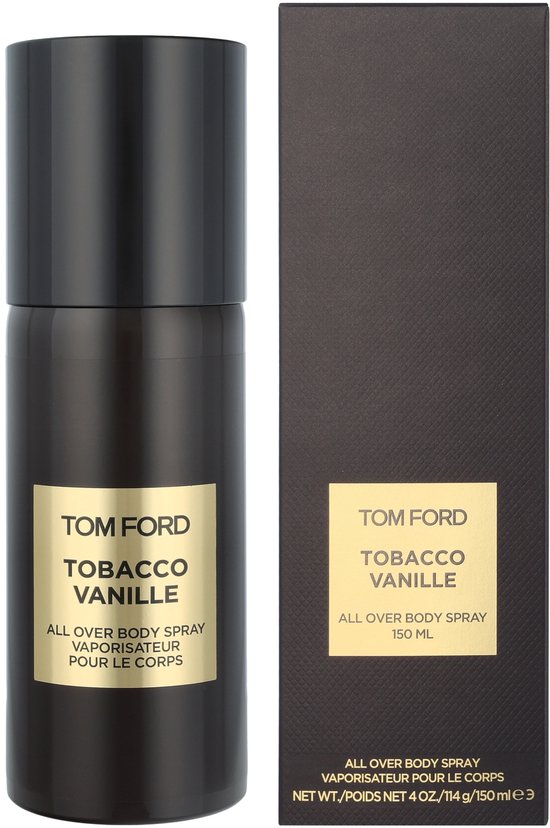 Tom Ford Tobacco Vanille body spray 150ml en bijbehorende donkerbruine verpakking.