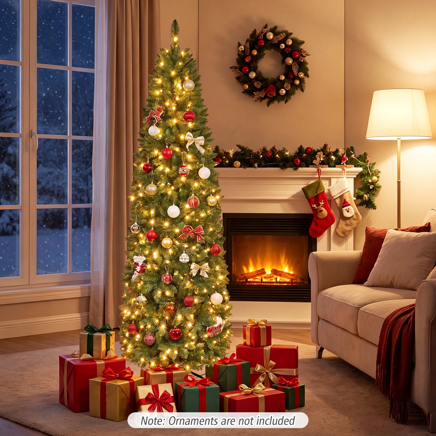 COSTWAY 200 cm Kunstkerstboom smal met verlichting - 708 takken - 250 warmwitte LED-lampjes - Metalen Standaard - Snelle Montage – foto 6