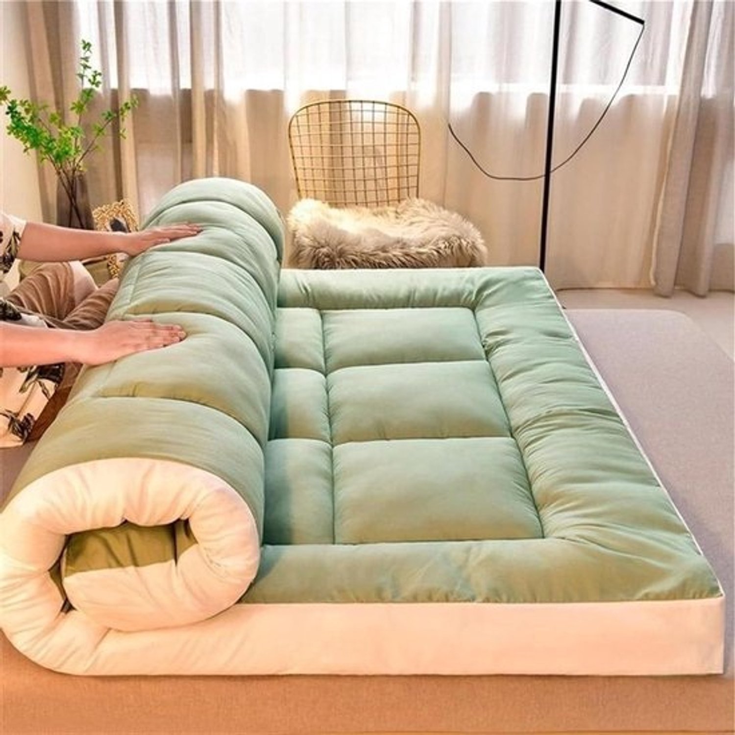Japanse vloermatras - Futon voor kamperen - Slapen en ontspannen - Extra dikke vulling - 180x200 cm - Groen