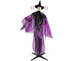KOMFOTTEU XXL 220 cm animatronic heks met geluidssensor – Halloween-decoratie met lichtgevende ogen, geluiden en bewegende arm