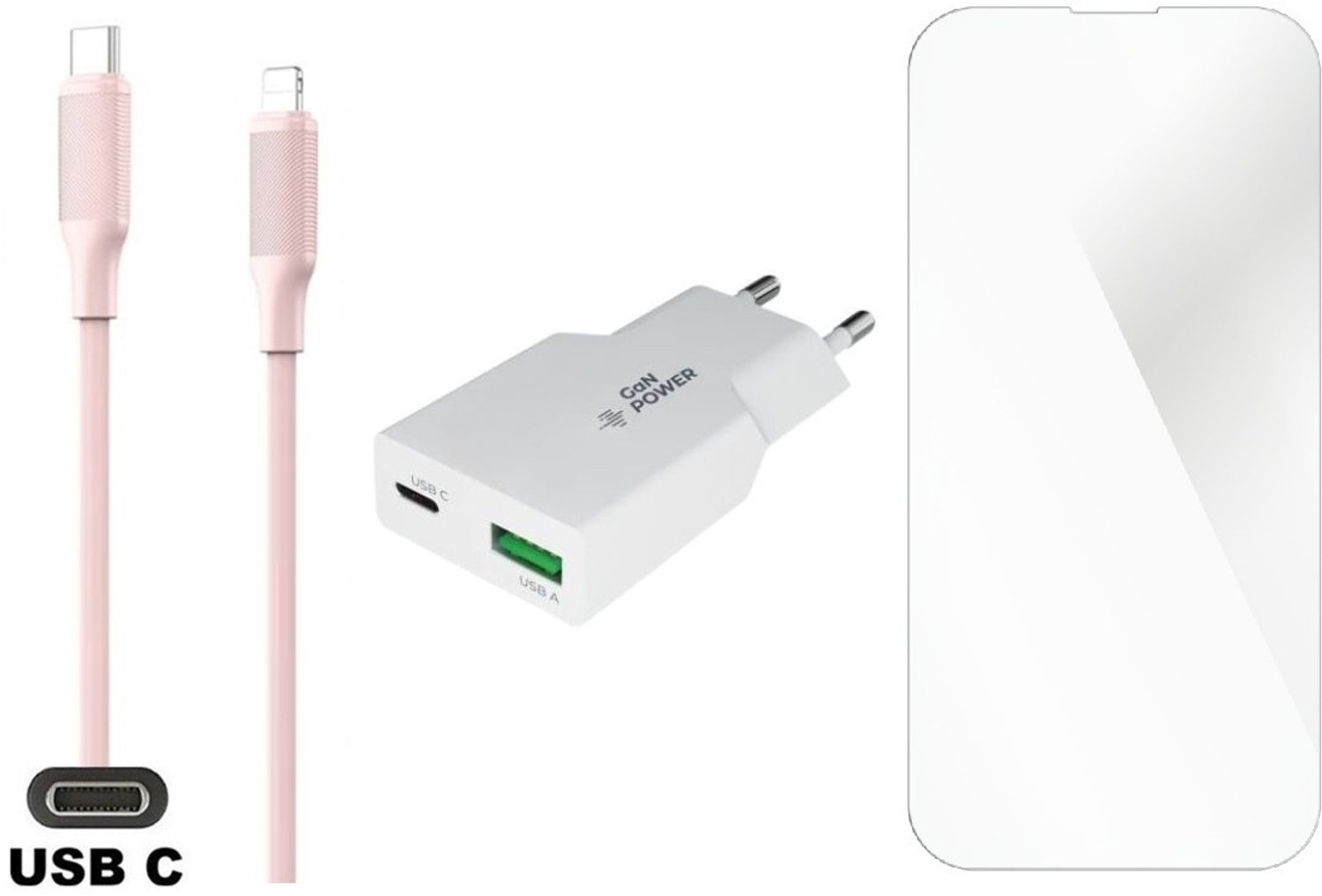 OneOne 20W snellader met 2 poorten en screenprotector van glas voor iPhone 12 Pro Max + 1,0m USB C naar Lightning kabel. Universele PD PPS lader. GaN oplader adapter. Glazen screenprotector past op Apple iPhone 12 Pro Max