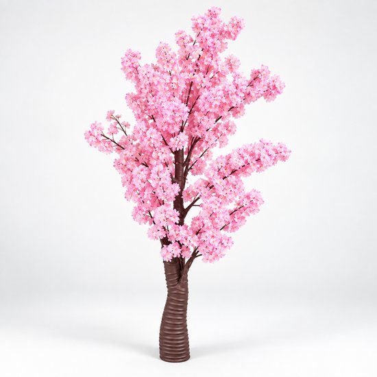 Kunstmatige kersenbloesemboom met roze bloesems, zijdelingse takken en een gestructureerde bruine stam.
