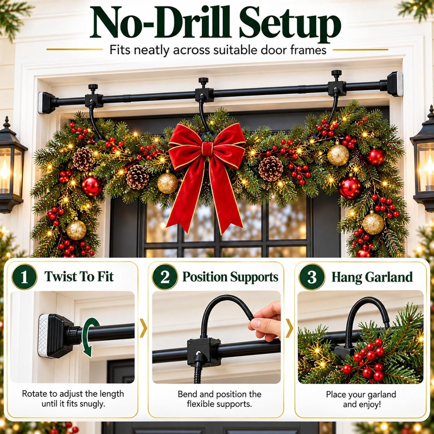 Kranshanger - Kerstkrans deurhaak - Adjustable Garland Hanger for Front Door - 80-205cm - Metalen Feestdecoratie Houder voor Kerstkrans en Halloween - Geen Schroeven of Boren Nodig – foto 3