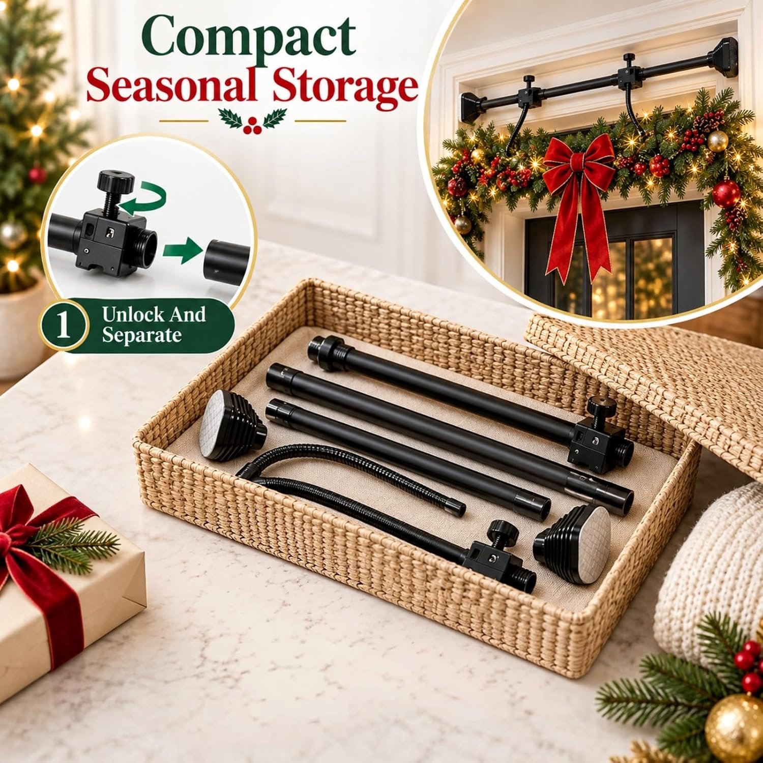 Kranshanger - Kerstkrans deurhaak - Adjustable Garland Hanger for Front Door - 80-205cm - Metalen Feestdecoratie Houder voor Kerstkrans en Halloween - Geen Schroeven of Boren Nodig – foto 2