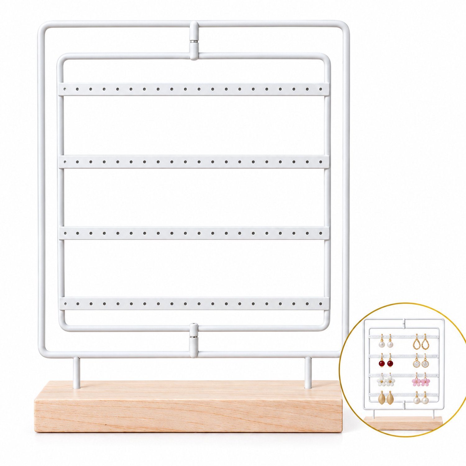 DIVERZA Oorbellenrek – Draaibaar Oorbellenhouder met Houten Voet – 80 Gaatjes voor 40 Paar Oorbellen – Sieradenrek – Oorbellen Display – Wit