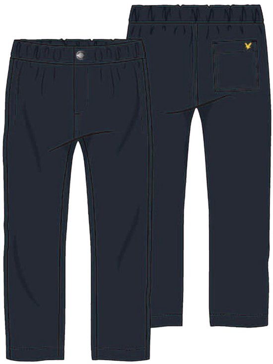Donkerblauwe Lyle & Scott broek met elastische tailleband, knoopsluiting en geel logo op de achterzak.