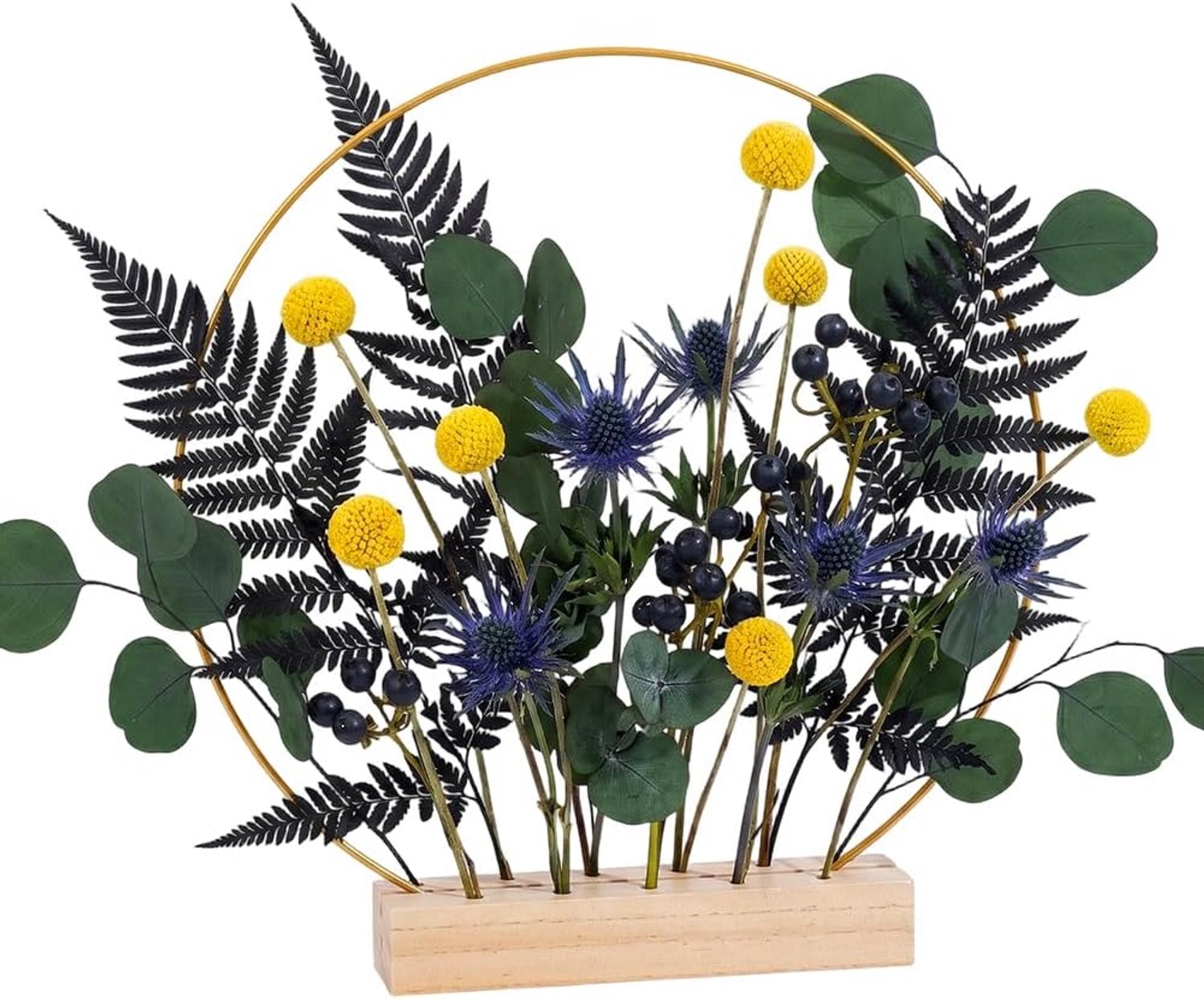 Kaarthouder houten gedroogde bloemen 180x40x30mm - gouden ijzeren verbindingsring - voor ceremonie of feestje - ServiceTopper
