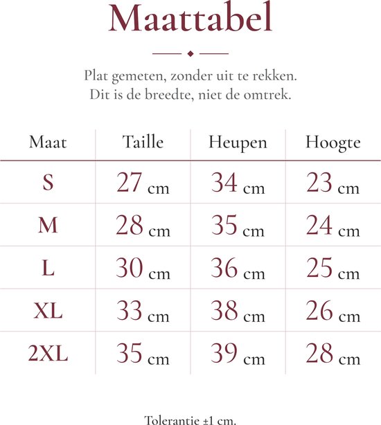 Maattabel voor damesslip met afmetingen voor taille, heupen en hoogte in cm voor maten S tot 2XL.