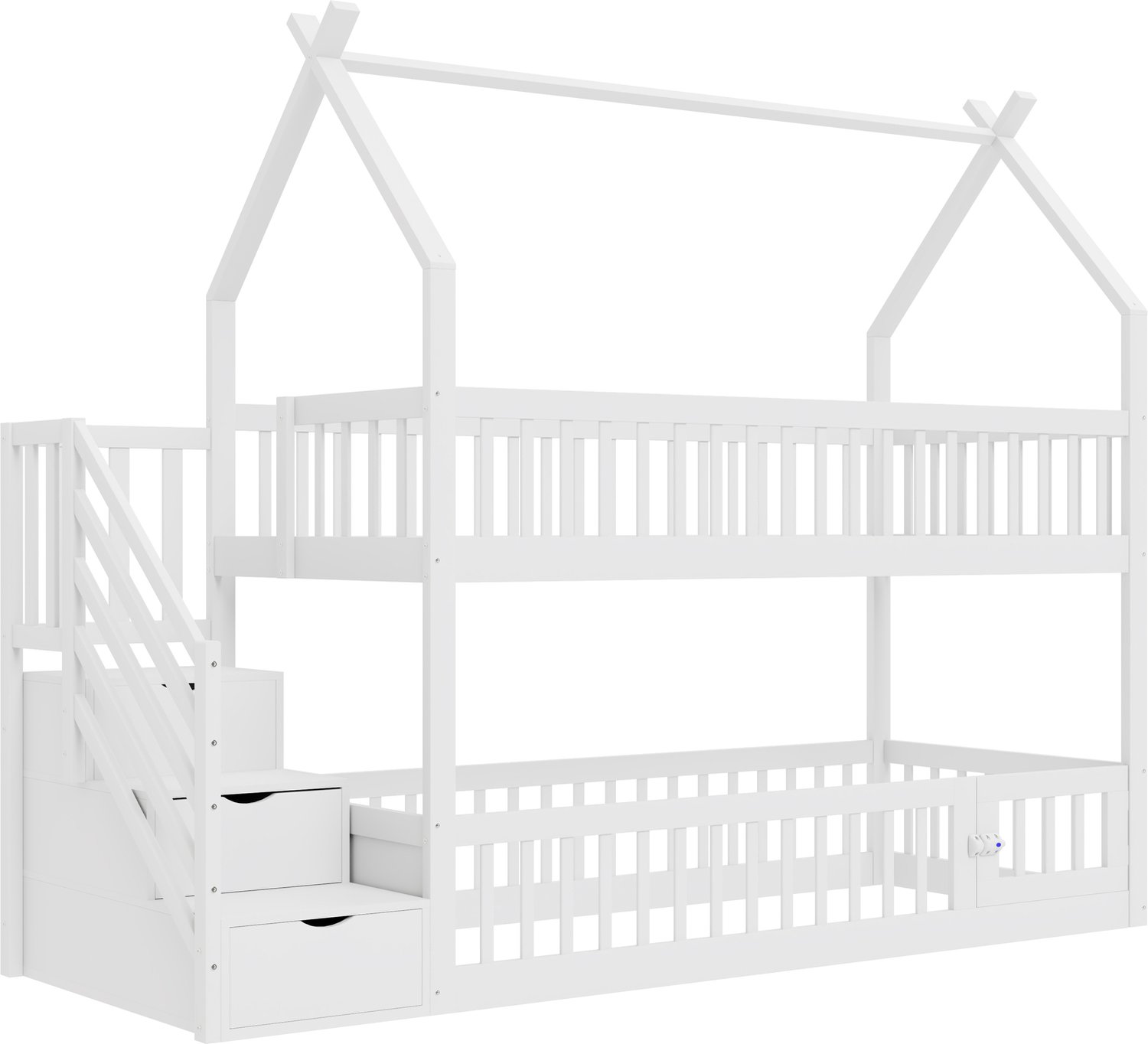 Stapelbed 90x200 cm - Met Huisjesdak, Trap En Opberglades - Massief Houten Kinderbed Met Omheind Onderbed - Wit Voor Kinderkamer