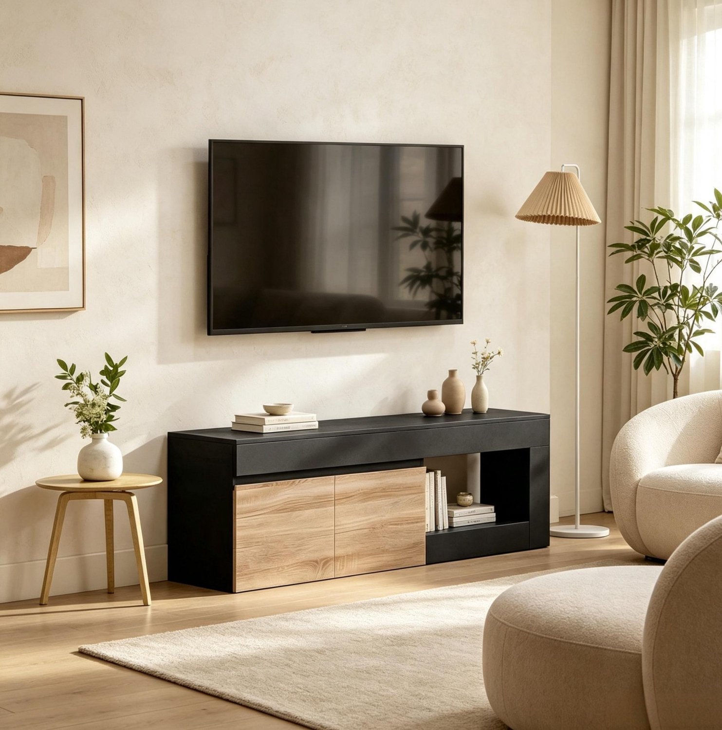 MIVRAY Tv-Meubel - Twee Deuren En Open Vak - Voor Televisies Tot 60 Inch - Spaanplaat - 140x40x48 Cm - Zwart En Naturel Hout