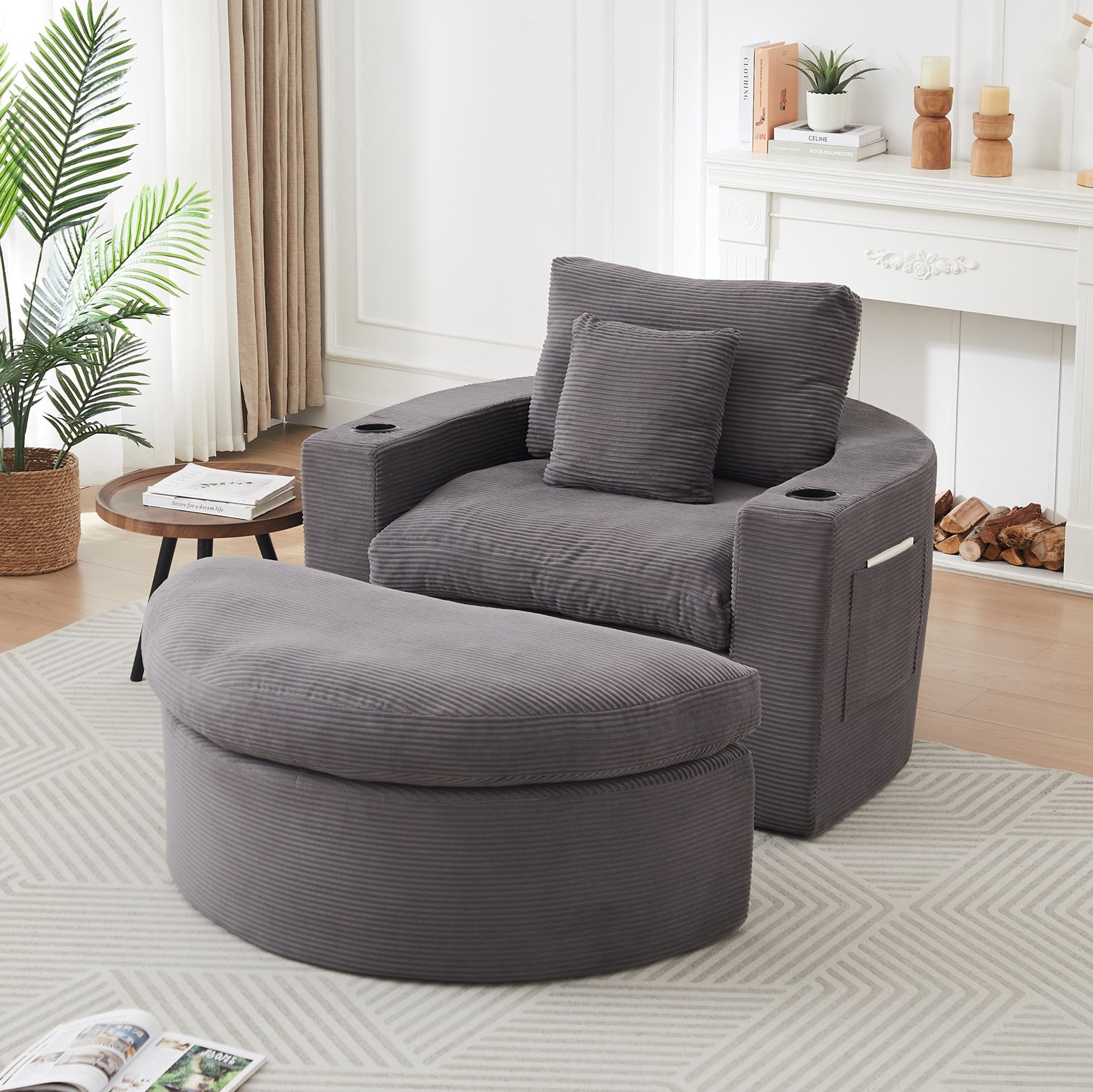 FloraGrace Fauteuil Met Verstelbare Hocker - Dubbel Gevoerde Zitting, Bekerhouder En Opbergvakken - Woonkamer - Ribfluweel - Grijs