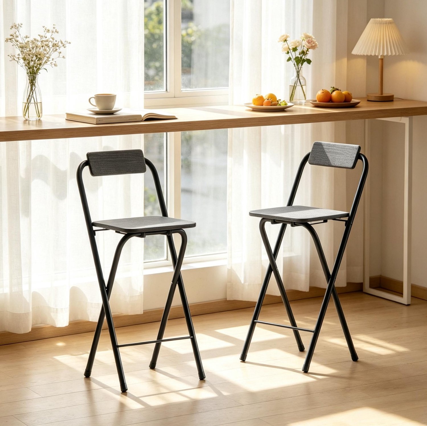 MODFU Set Van 2 Opvouwbare Barkrukken Met Rugleuning - MDF En Staal - Zwart - 87 Cm